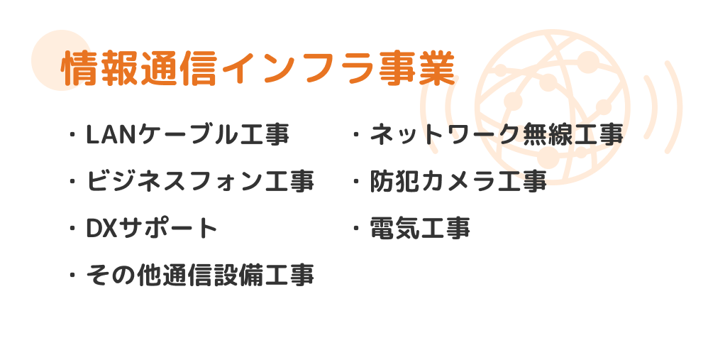 情報通信インフラ事業 LANケーブル工事・ビジネスフォン工事・防犯カメラ工事・DXサポート・電気工事・その他通信設備工事